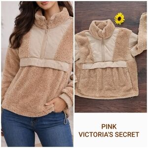 Pink Victoria's Secret Pink Peach Sherpa Fleece Fluffy Long Sleeve Half Zip Pull